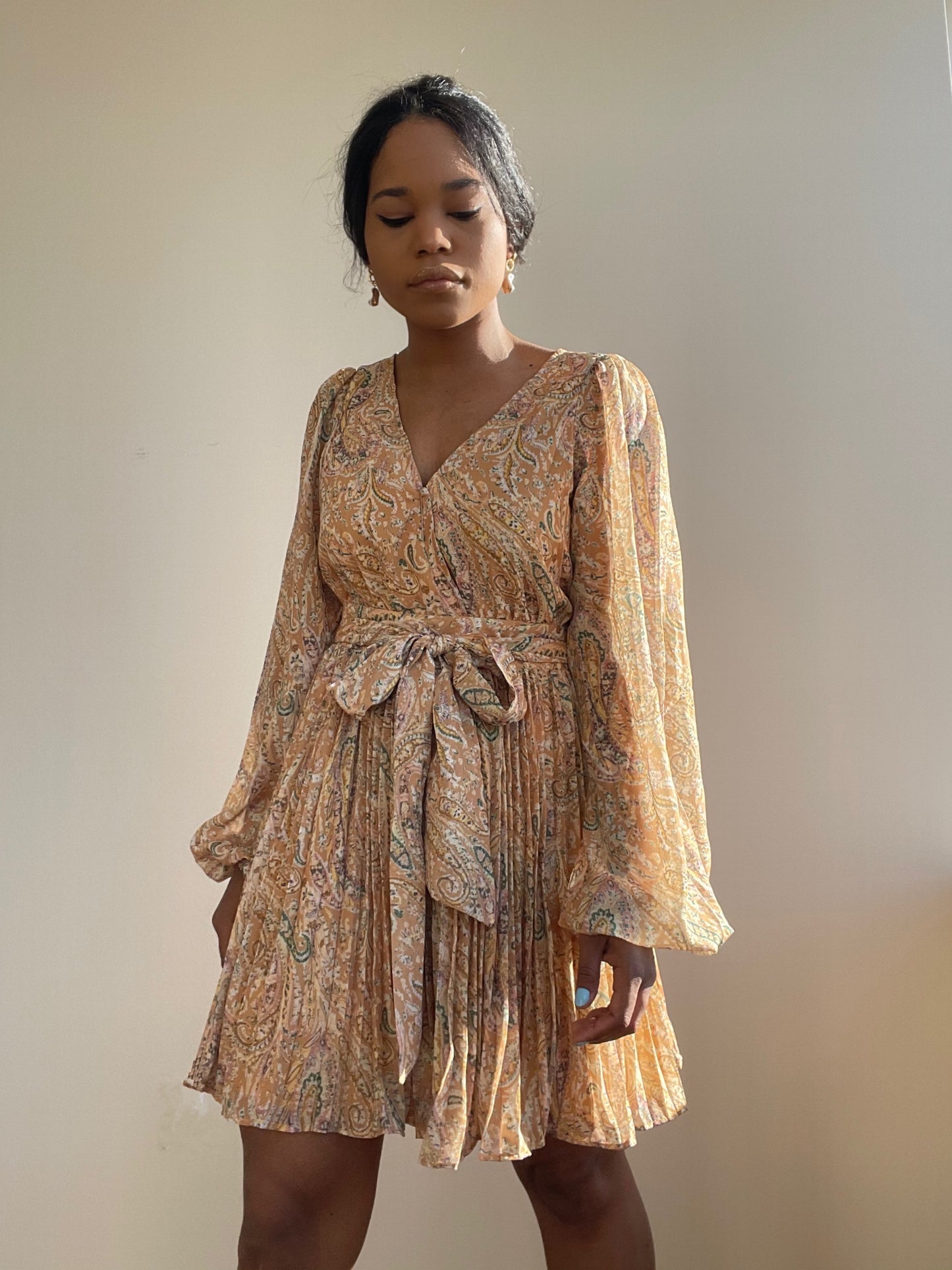 Ginger Pleated Party Dress In Mustard