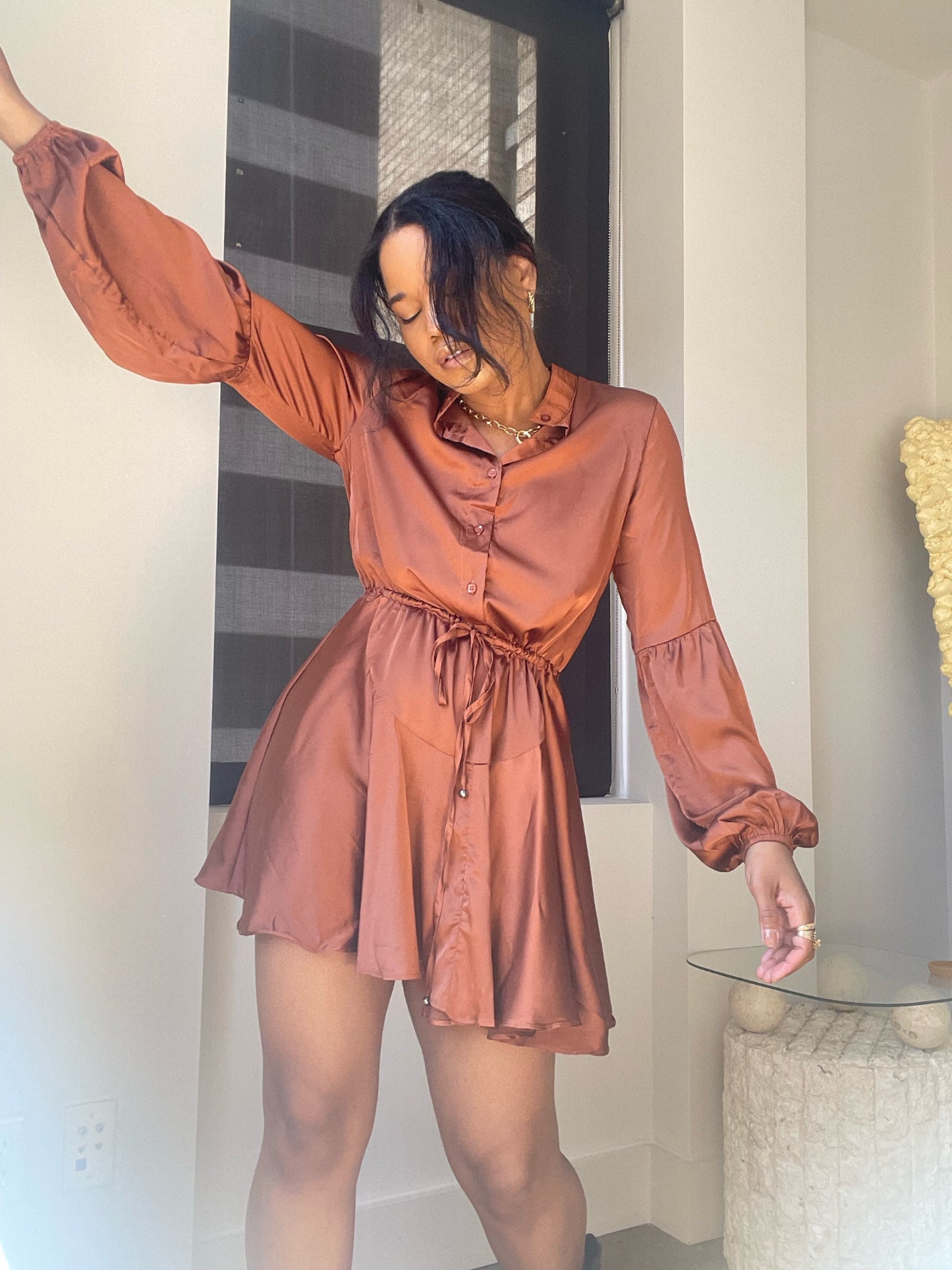 Ghospell Long Sleeve Mini Dress In Brown