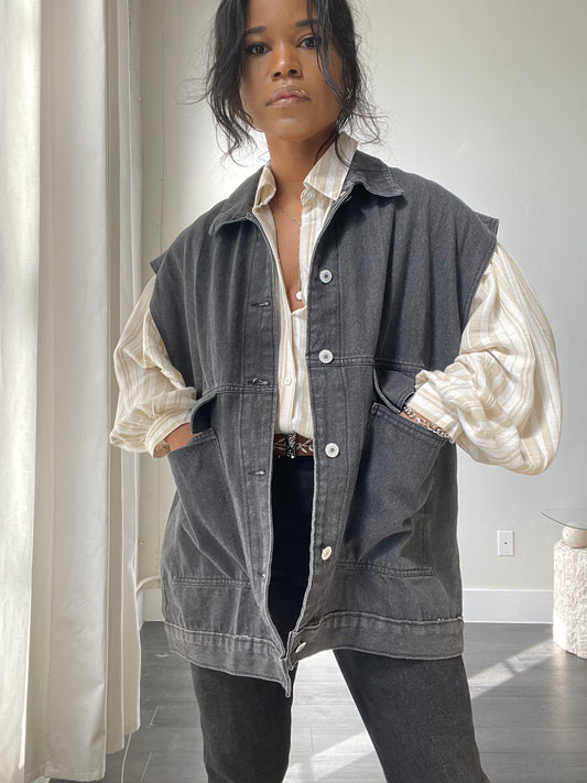 Jaime 80s Oversized Denim Vest In Black