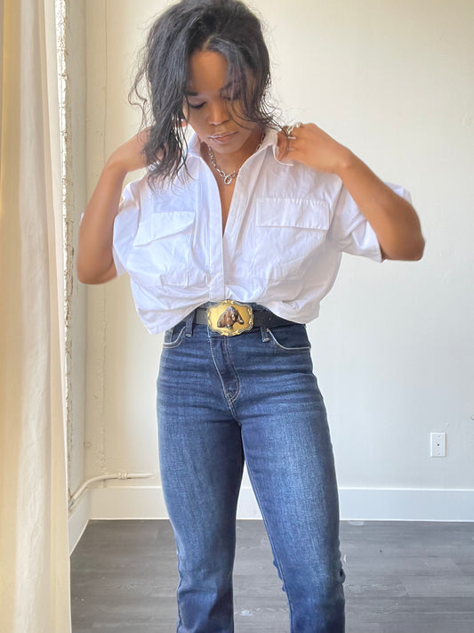 Haley Cotton Open Front Crop Shirt Top In White