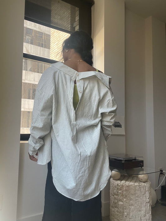 Karl Linen Oversized Striped Button-Down Top In Sage