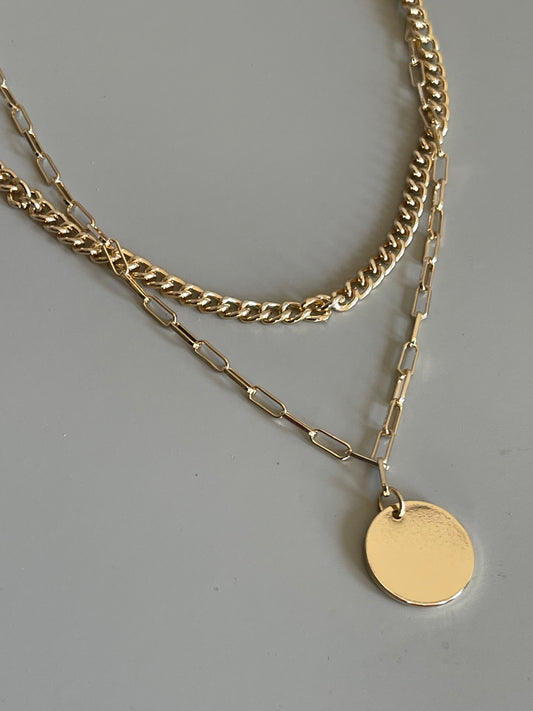 Classic Disk Drop Crum & Link Layered Necklace In Gold