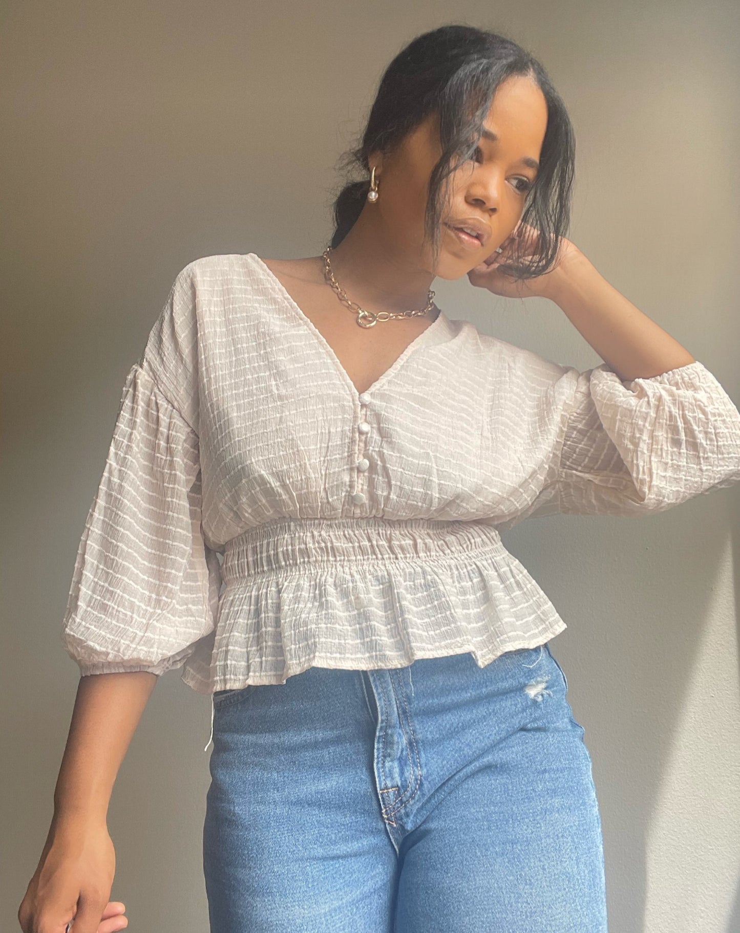 Everly Sheer 3/4 Puff Sleeve Crop Top In Blush