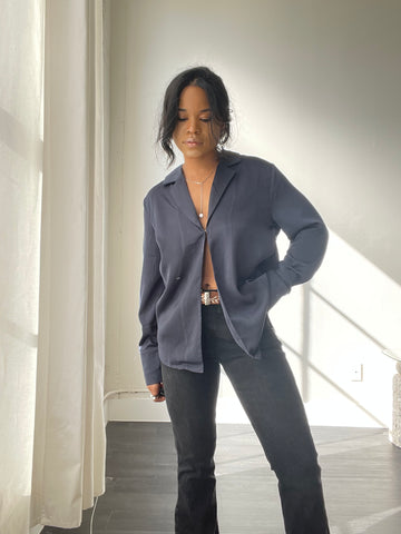 Paige Single Front Closure Long Sleeve Top In Midnight Navy