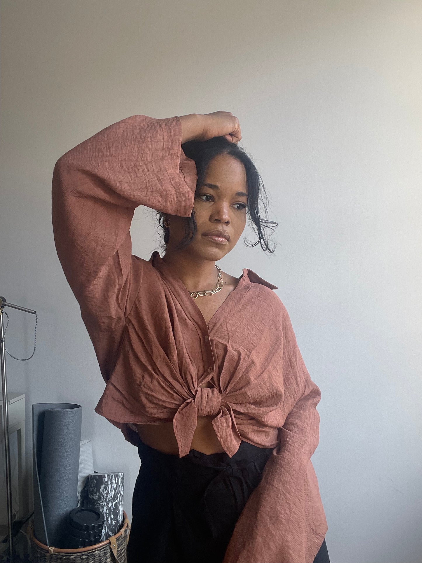 Reworked Tie Front Long Sleeve Top In Brown
