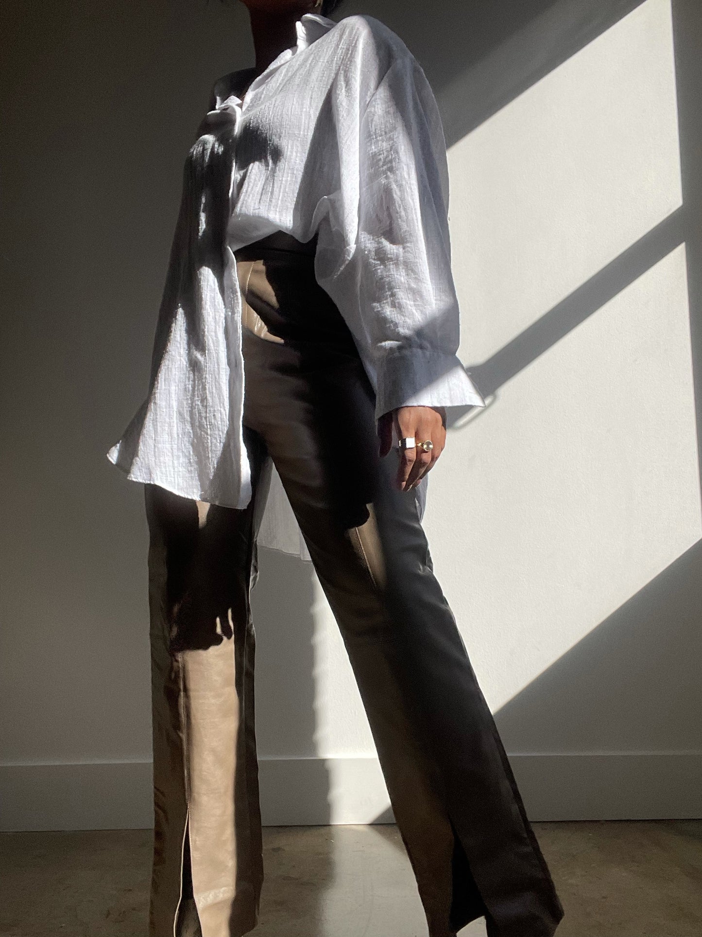 Leila Vegan Leather Split Pants In Taupe