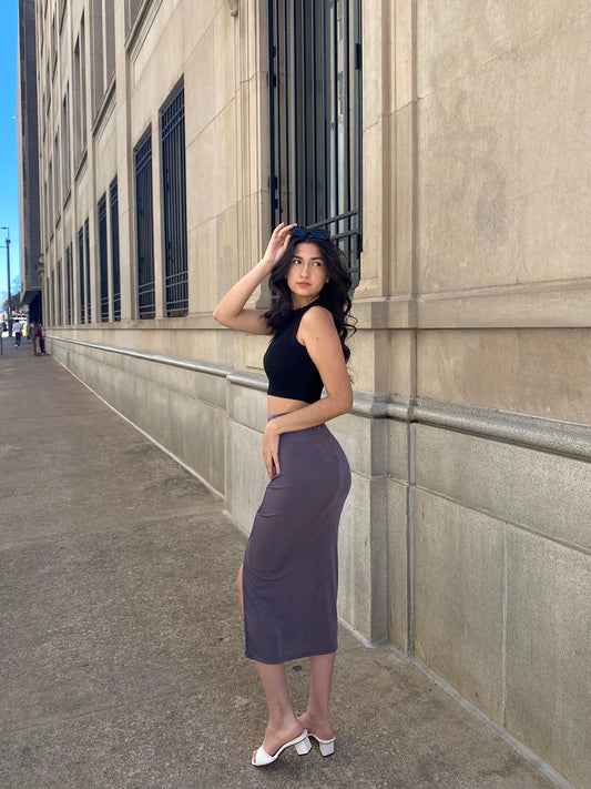 Frankie Slinky Cut Out Midi Skirt In Dusty Lilac