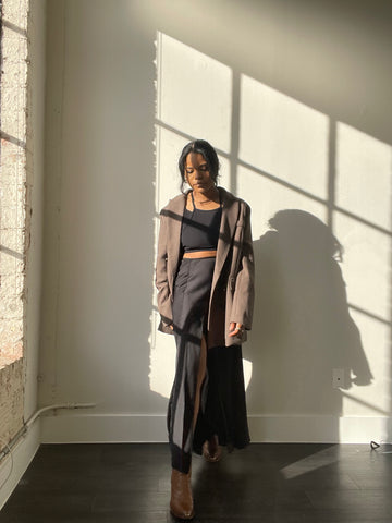 Winona Peekaboo Slit Satin Midi Skirt In Black