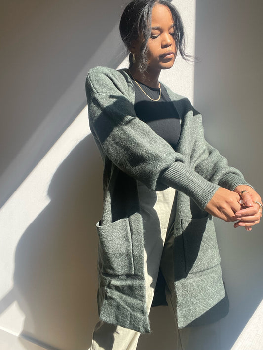 Mercury Balloon Sleeve Cardigan Sweater In Forest