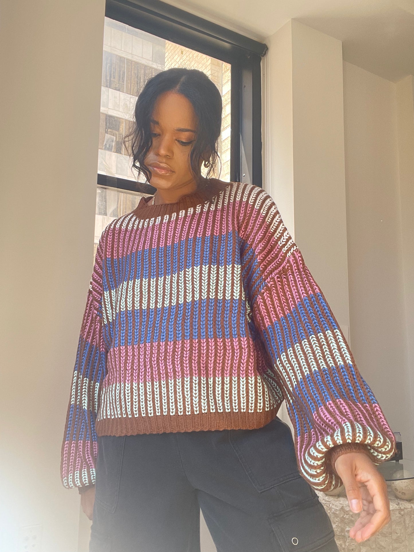 Lori Colorblock Stripped Knit Pullover In Baby Pink