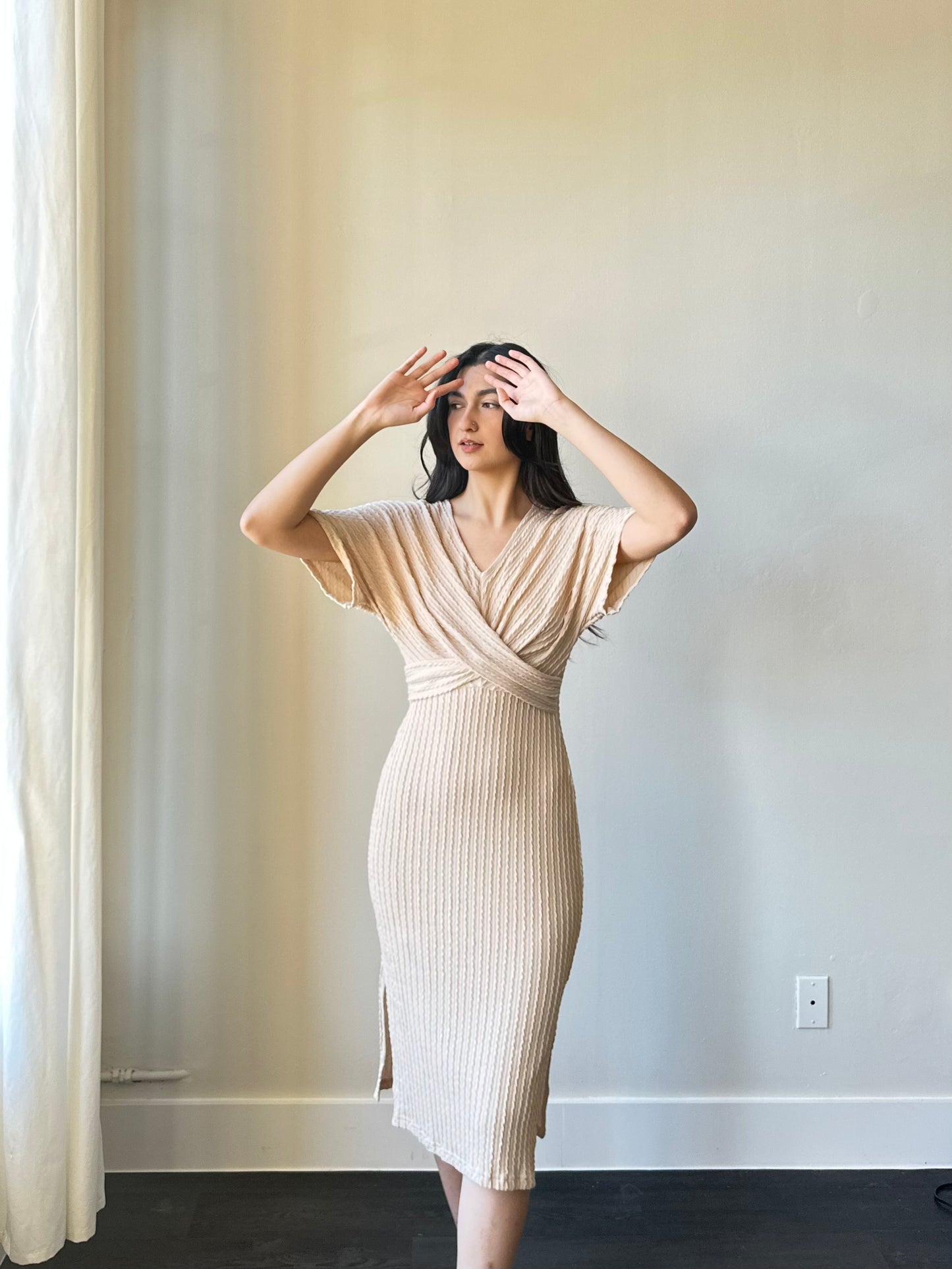 Rachel Twist Rib Front Cross Midi Dress In Taupe