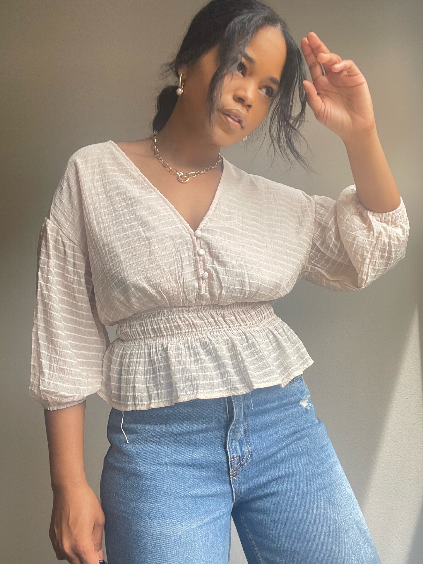 Everly Sheer 3/4 Puff Sleeve Crop Top In Blush