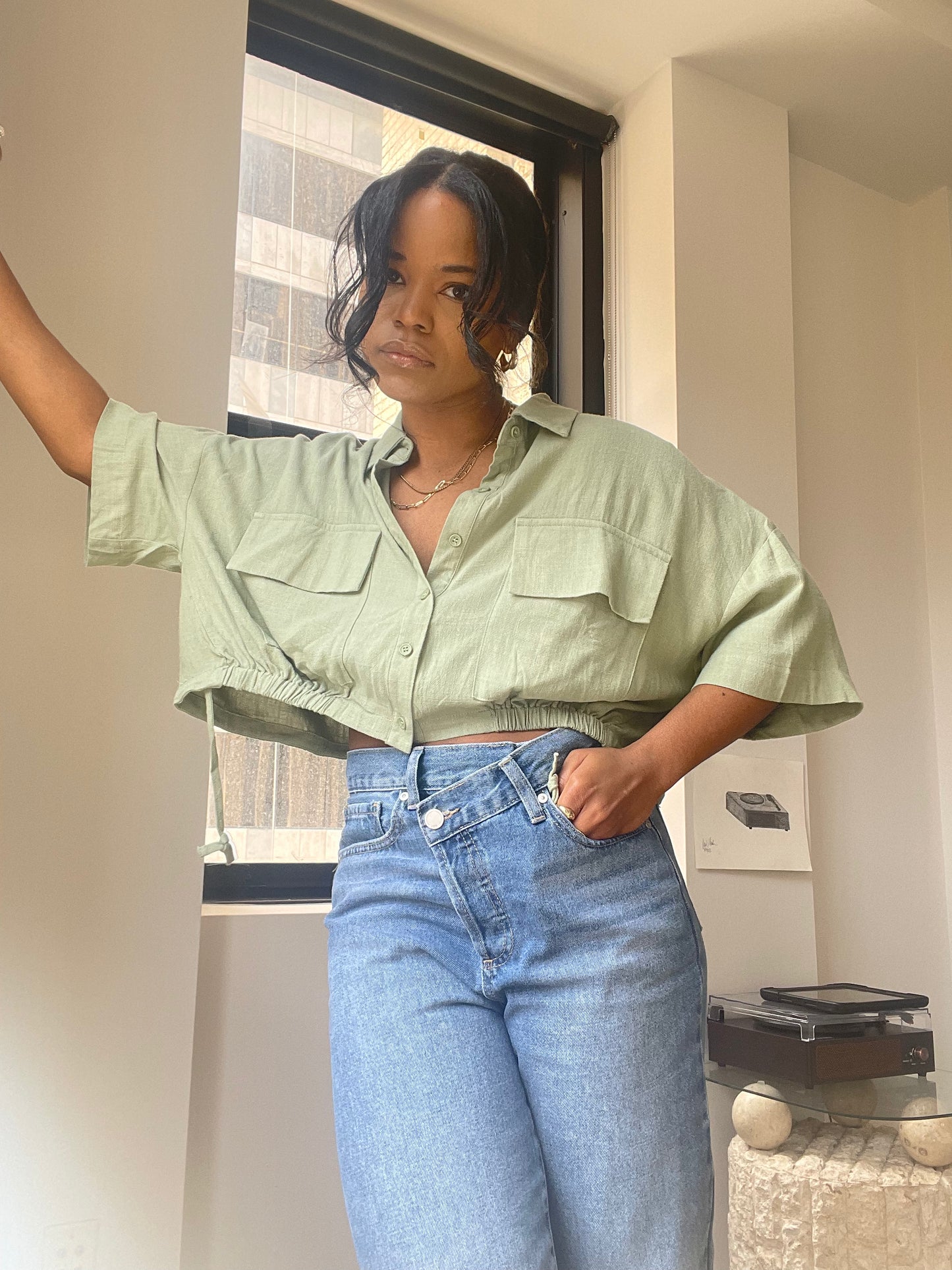 Katin Cotton Lounge Crop Button Down Top In Sage