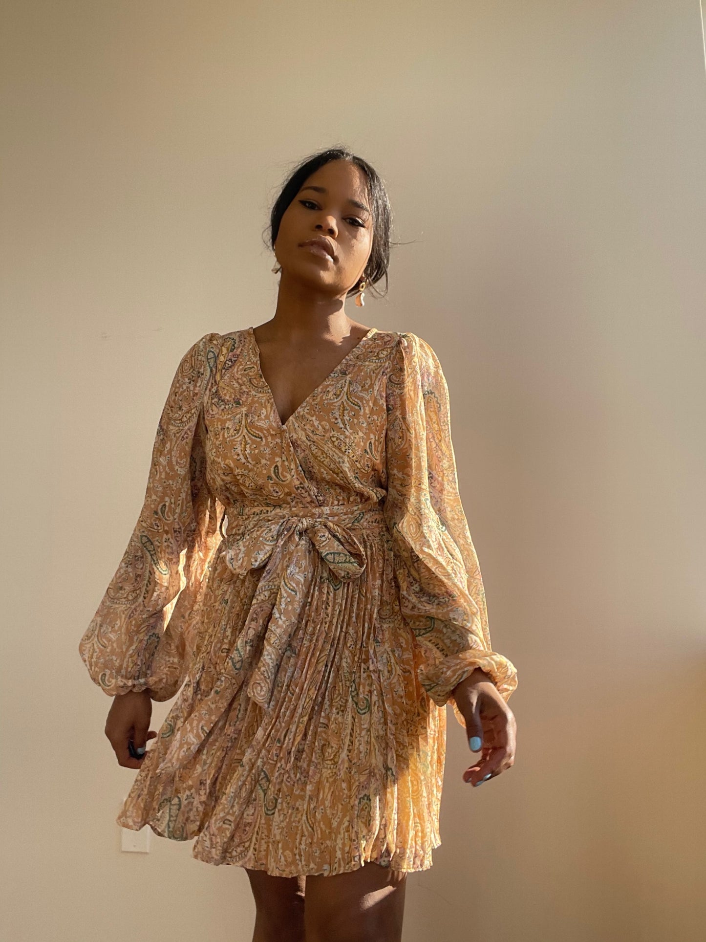 Ginger Pleated Party Dress In Mustard