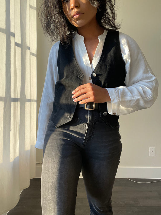 Taylor Cotton Button Classic Cowgirl Vest In Black Denim