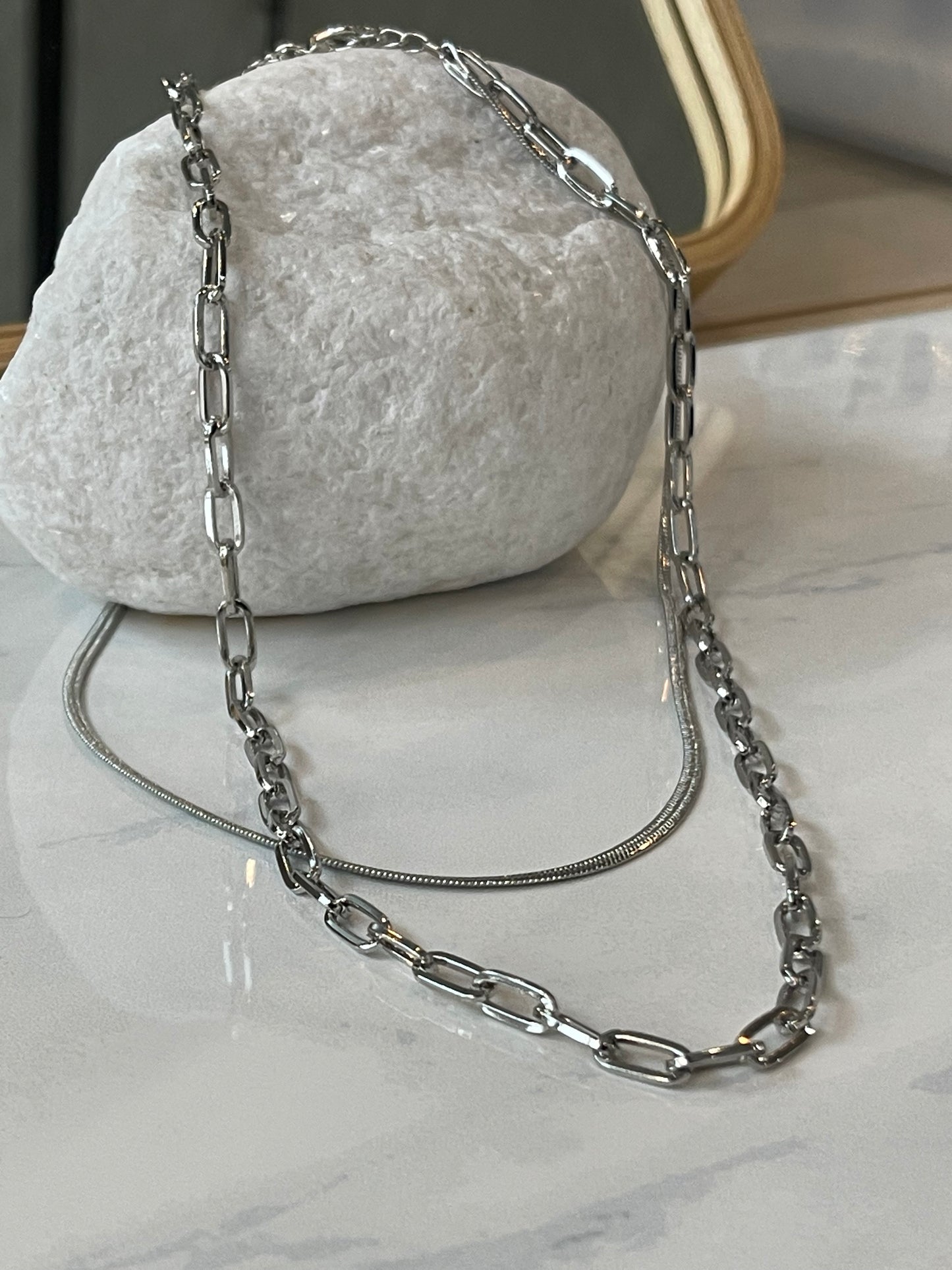Sani Double Layered Snake & Link Chain Necklace In Silver