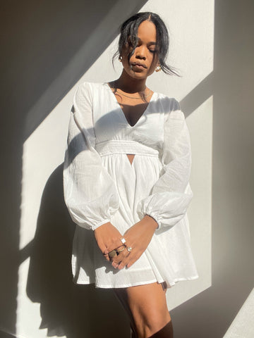 Izzie Long Puff Sleepve Cutout Cotton Dress In White