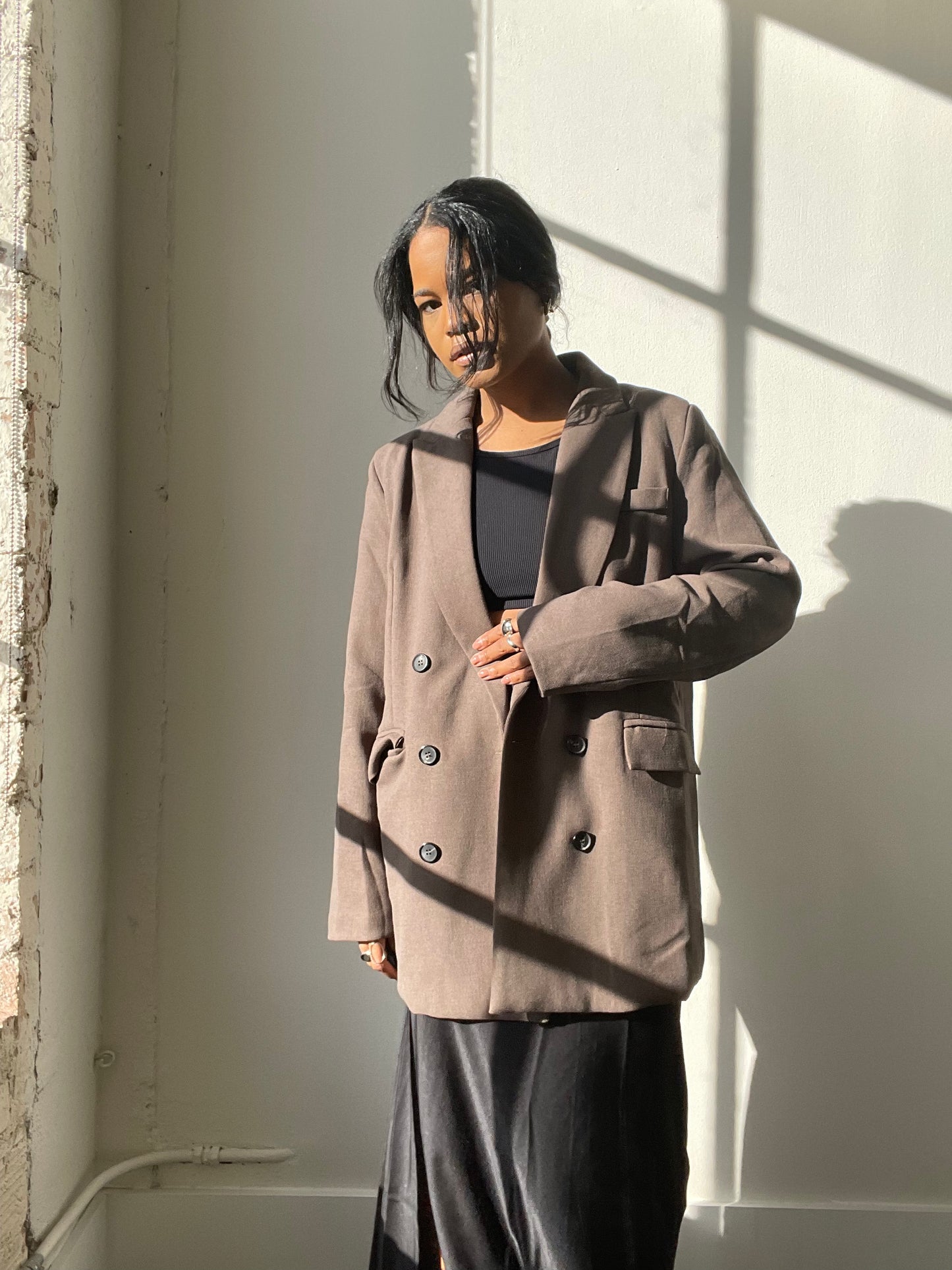 Grant 80s Style Oversized Blazer In Olive Brown
