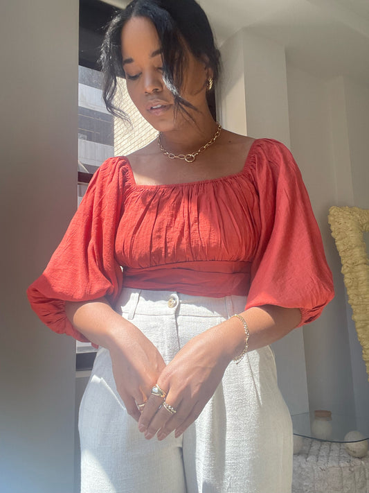 Erika Tie Back 3/4 Puff Crop Top In Rust