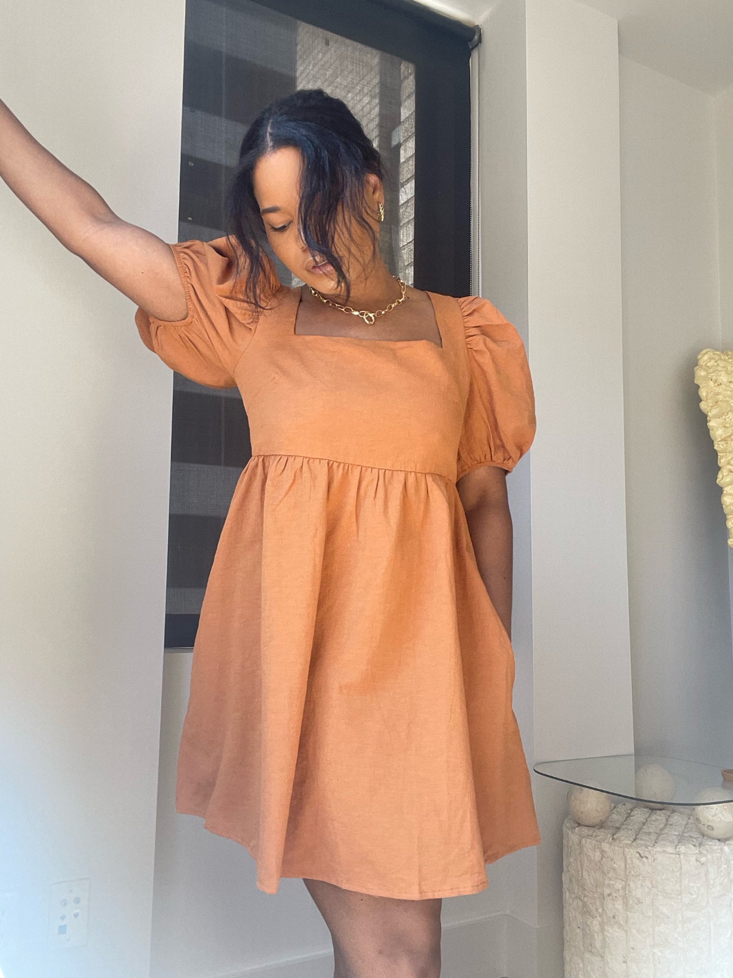 Elena A Line Square Neck Mini Dress In Caramel Brown