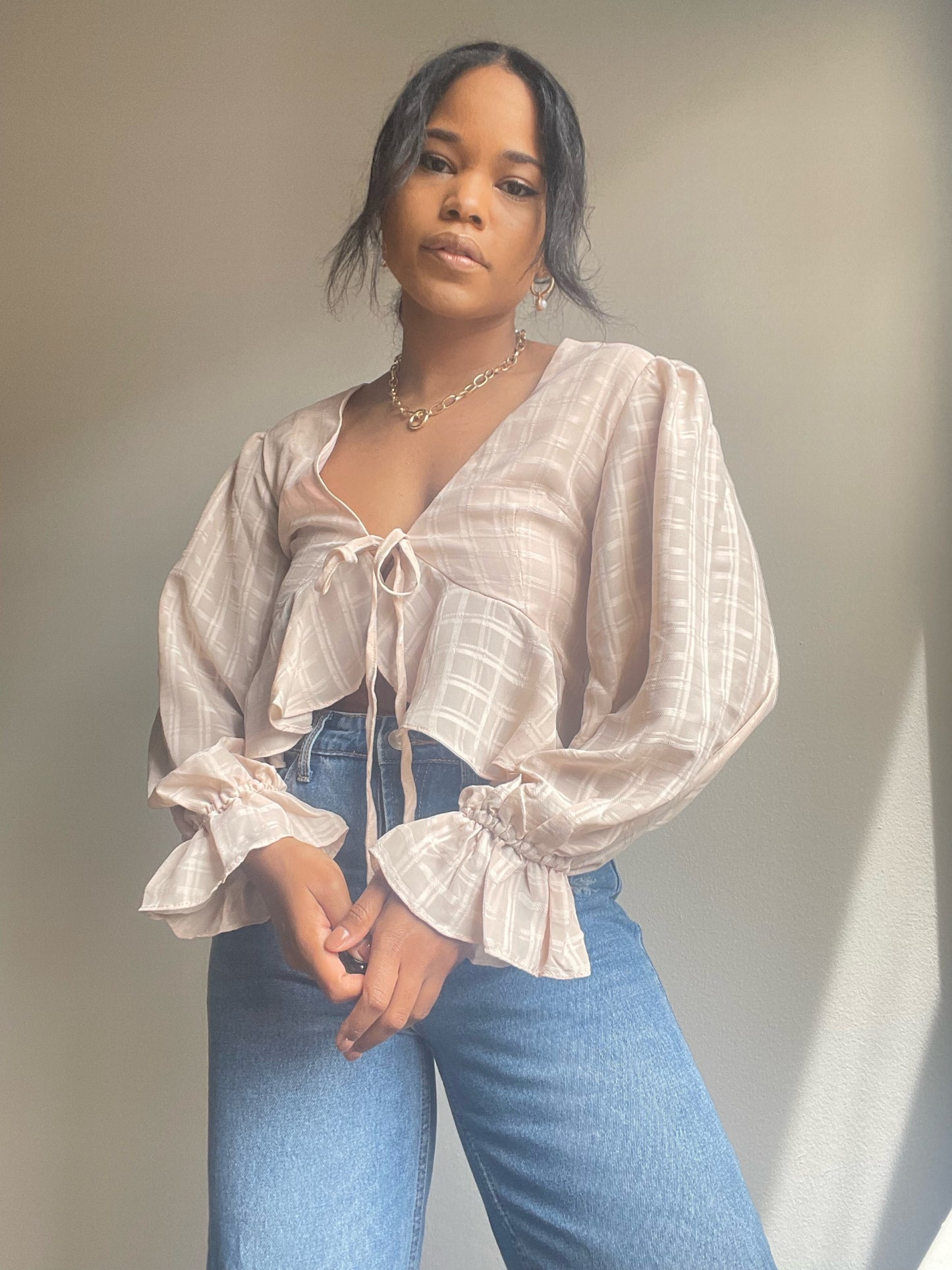 Mable Waffle Puff Sleeve Crop Top In Blush