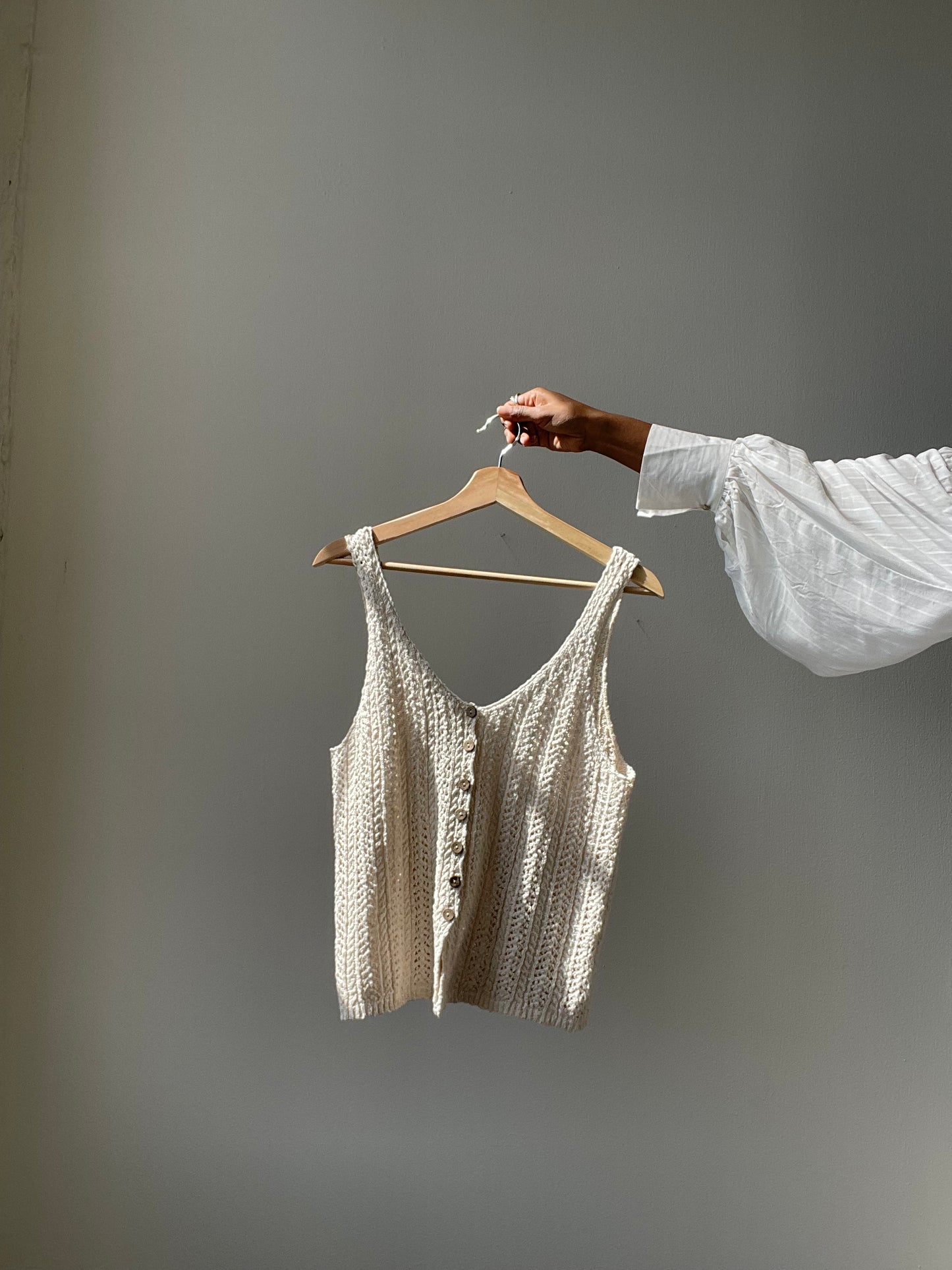 Kindle Cotton Crochet Button Front Vest In Natural