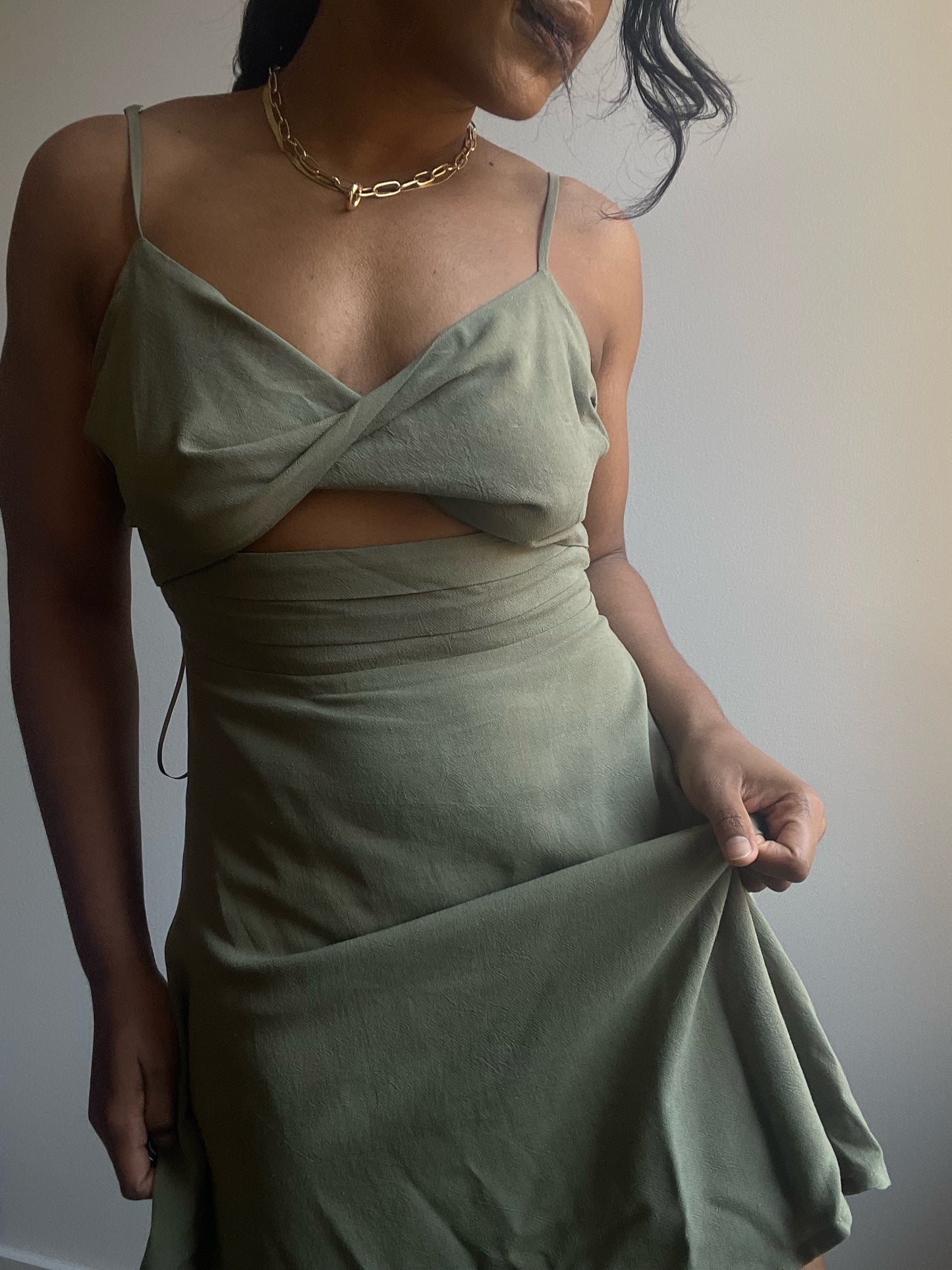 Claire Twist Front Cutout Mini Dress In Olive