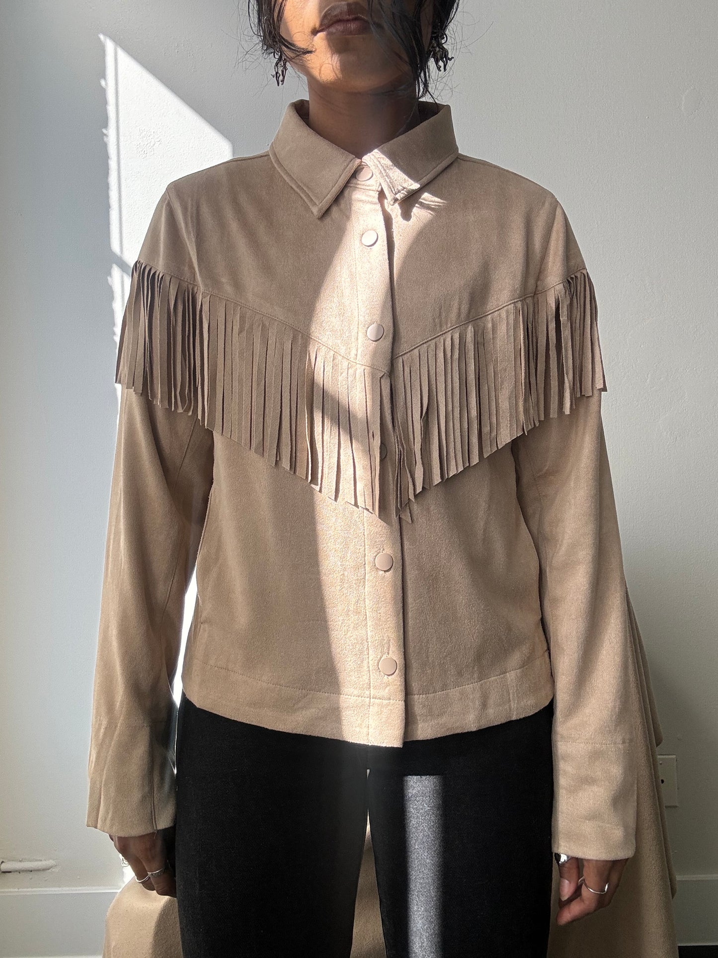 Brooks Cropped Fringe Suede Modern Western Shacket In Taupe