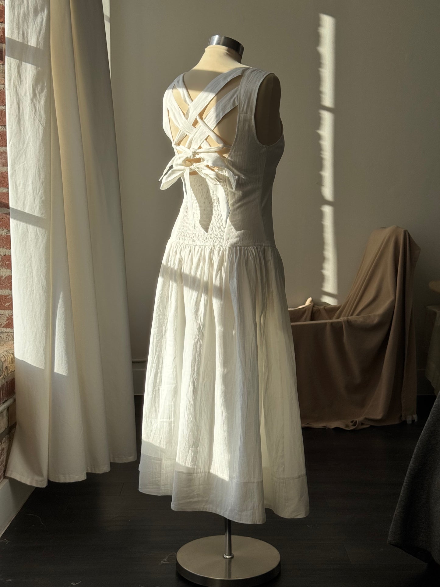 Costella Cotton Lace Up Back Midi Dress in Ivory