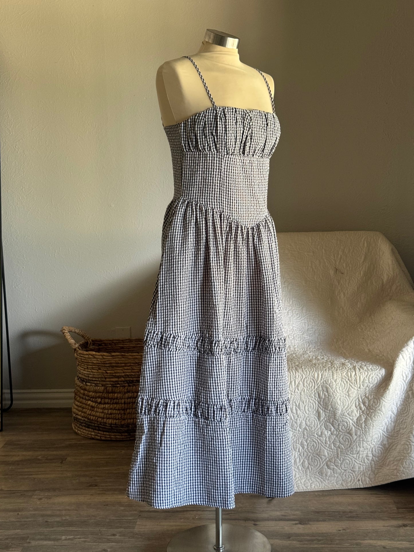 Natasha Cotton Gingham Midi Dress In Black
