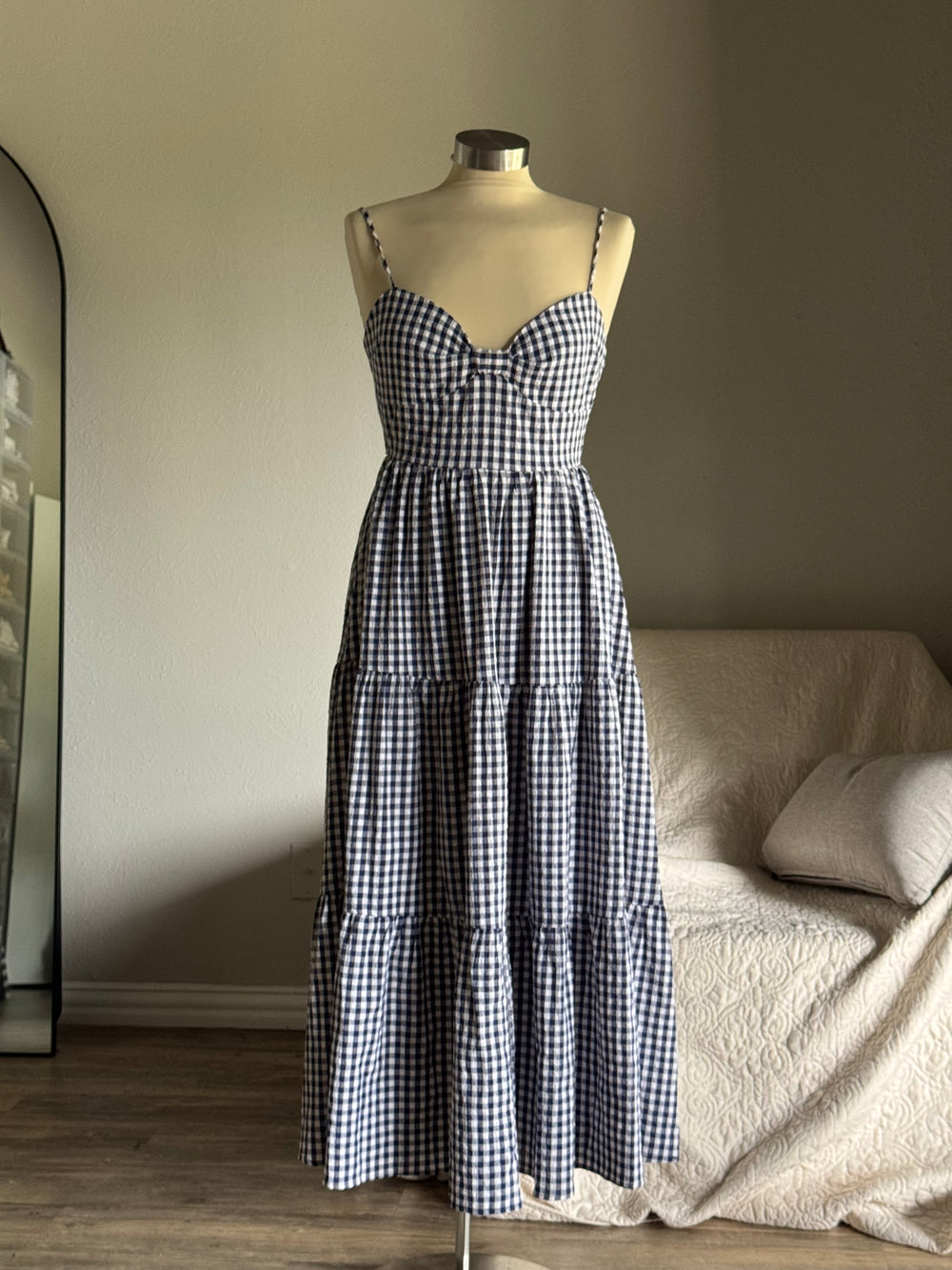 Mary Cotton Gingham Open Back Maxi Dress In Midnight Navy