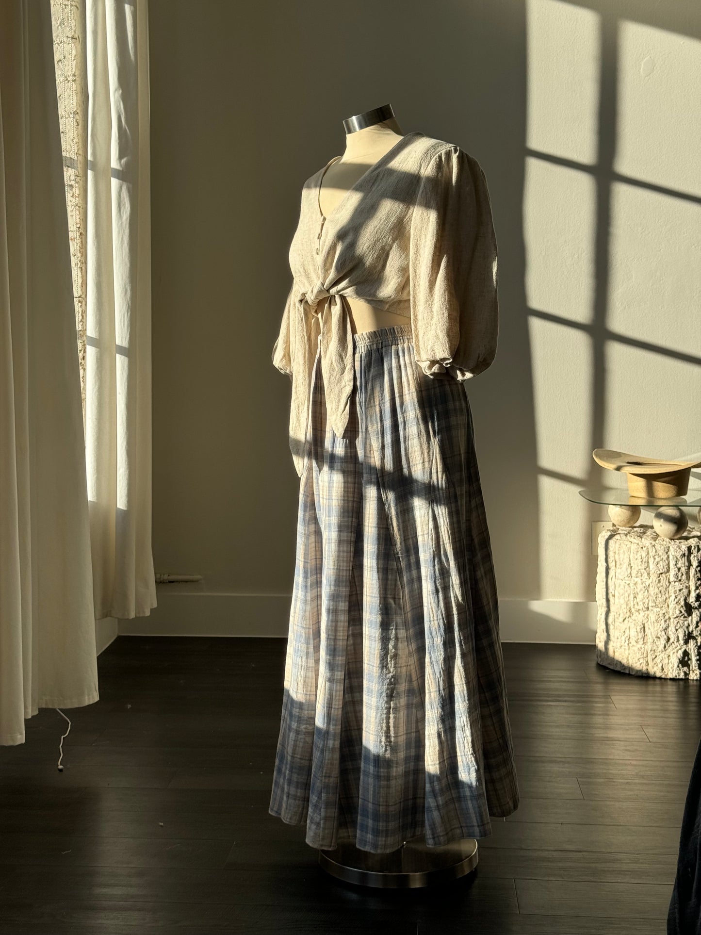 Annie Cotton Plaid Maxi Prairie Skirt In Vintage Blue