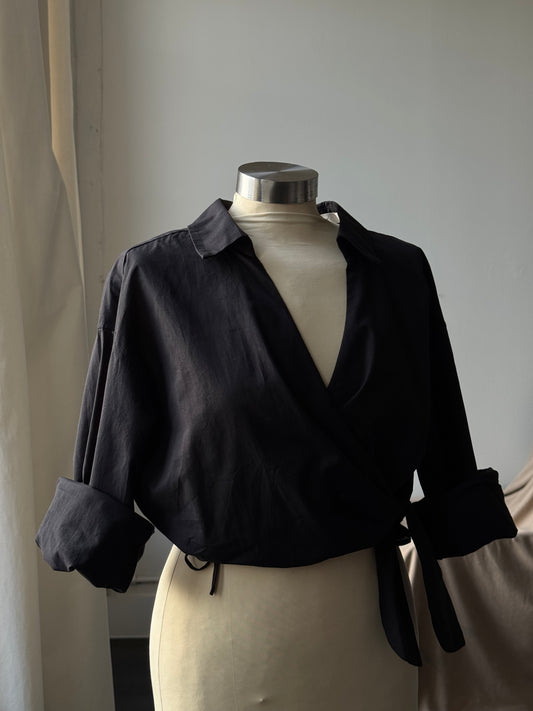 Danielle Cotton Wrap Long Sleeve Crop Top In In Black