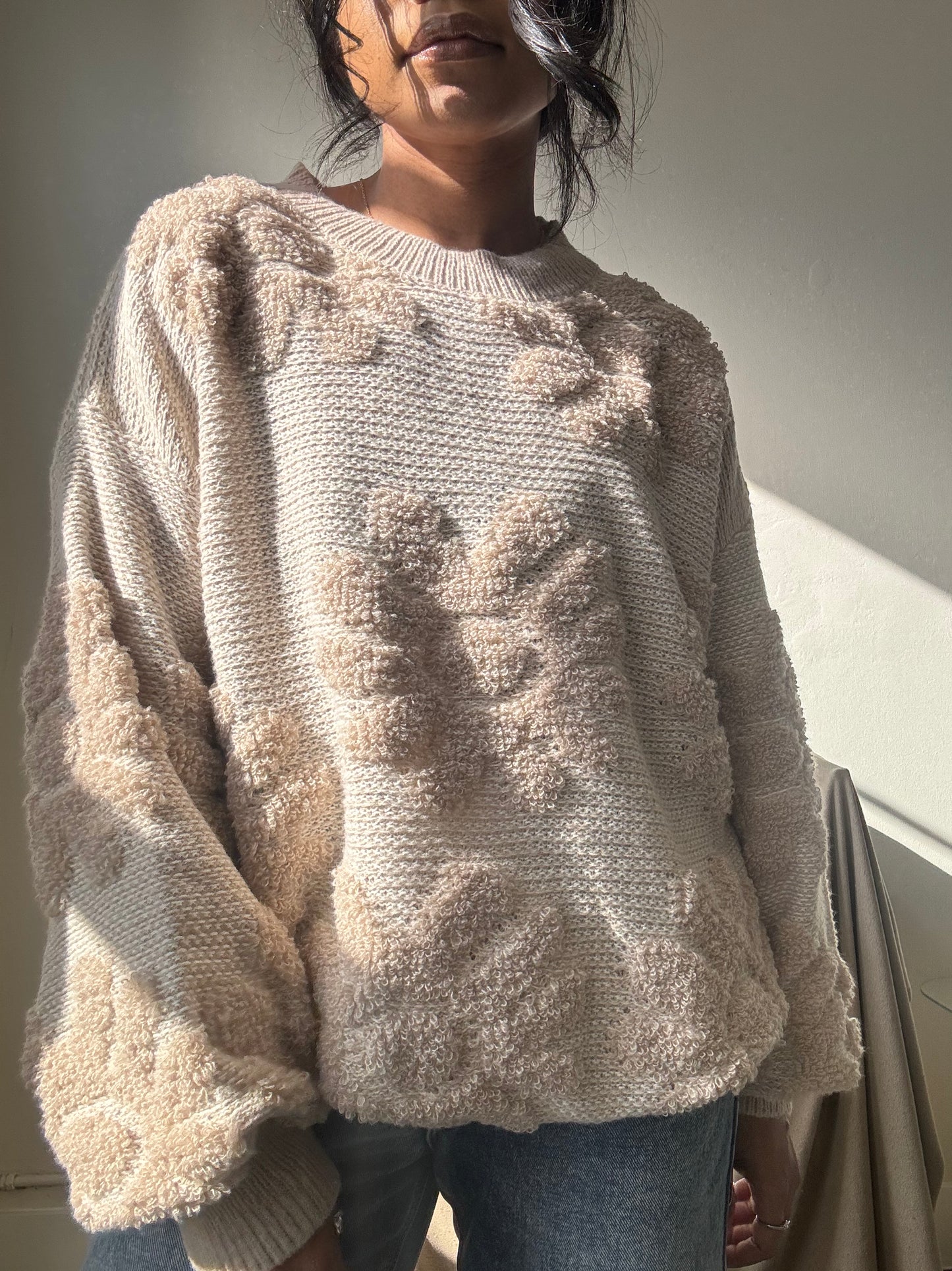 Mable Cotton Knit Floral Pullover Sweater In Natural