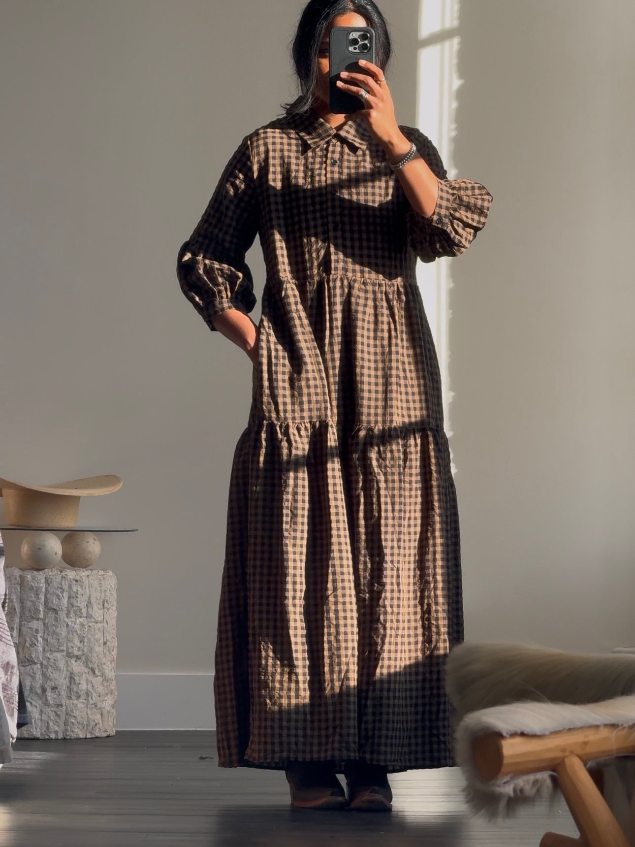 Jacqueline Cotton Gingham Maxi Dress In Olive Brown