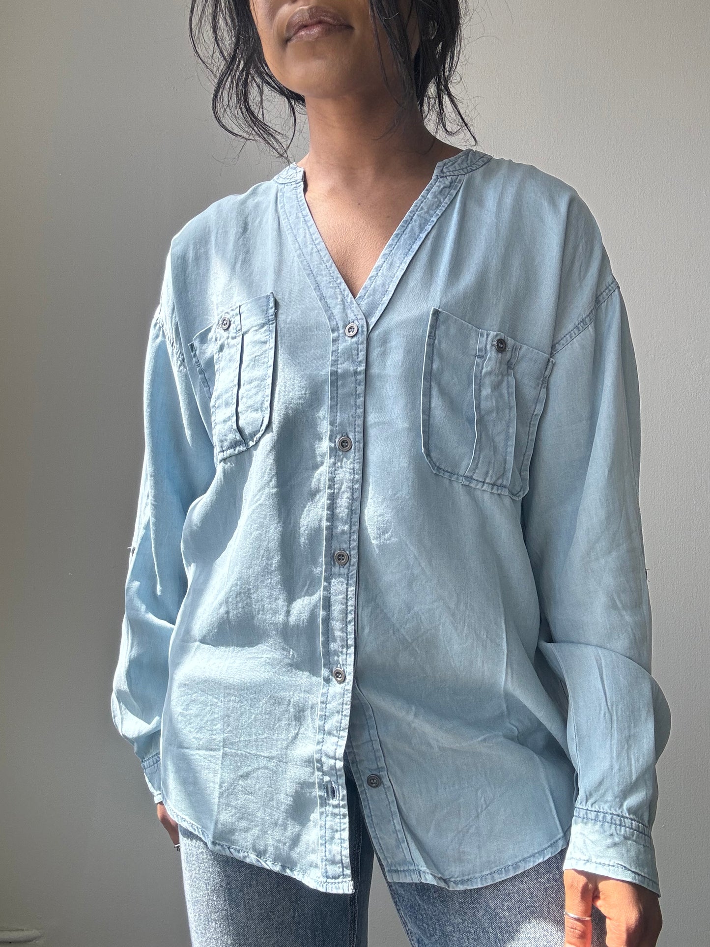 Clark Tencel Utility Button Down Shirt In Light Denim