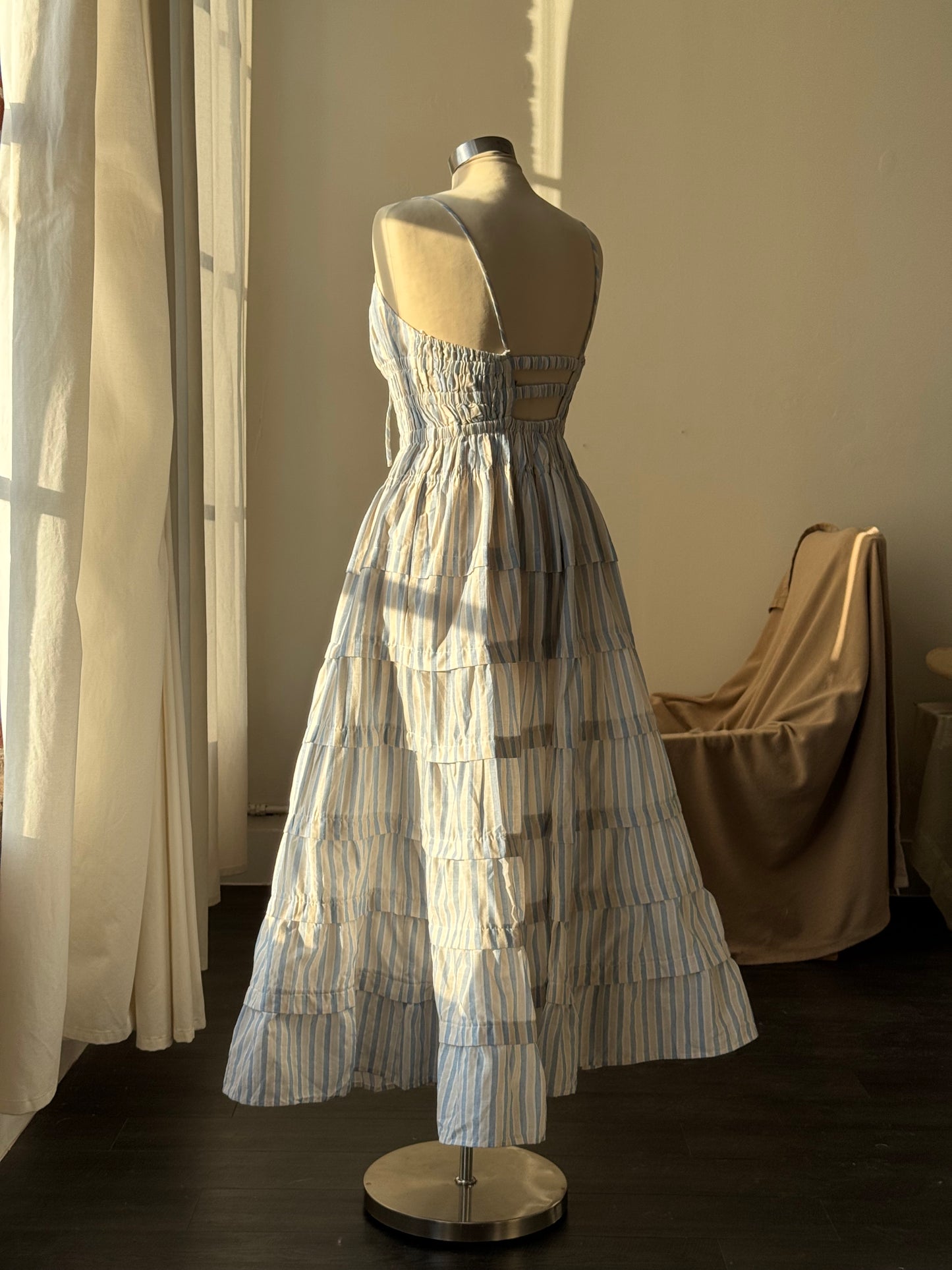 Laura Cotton Tiered Striped Midi Dress In Powder