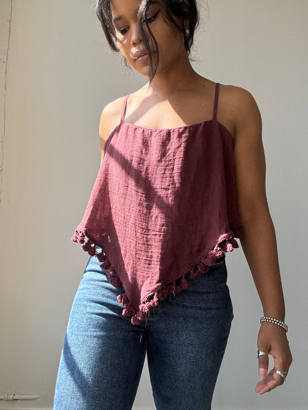 Olivia Ramie Tassel Bandana Top In Deep Plum