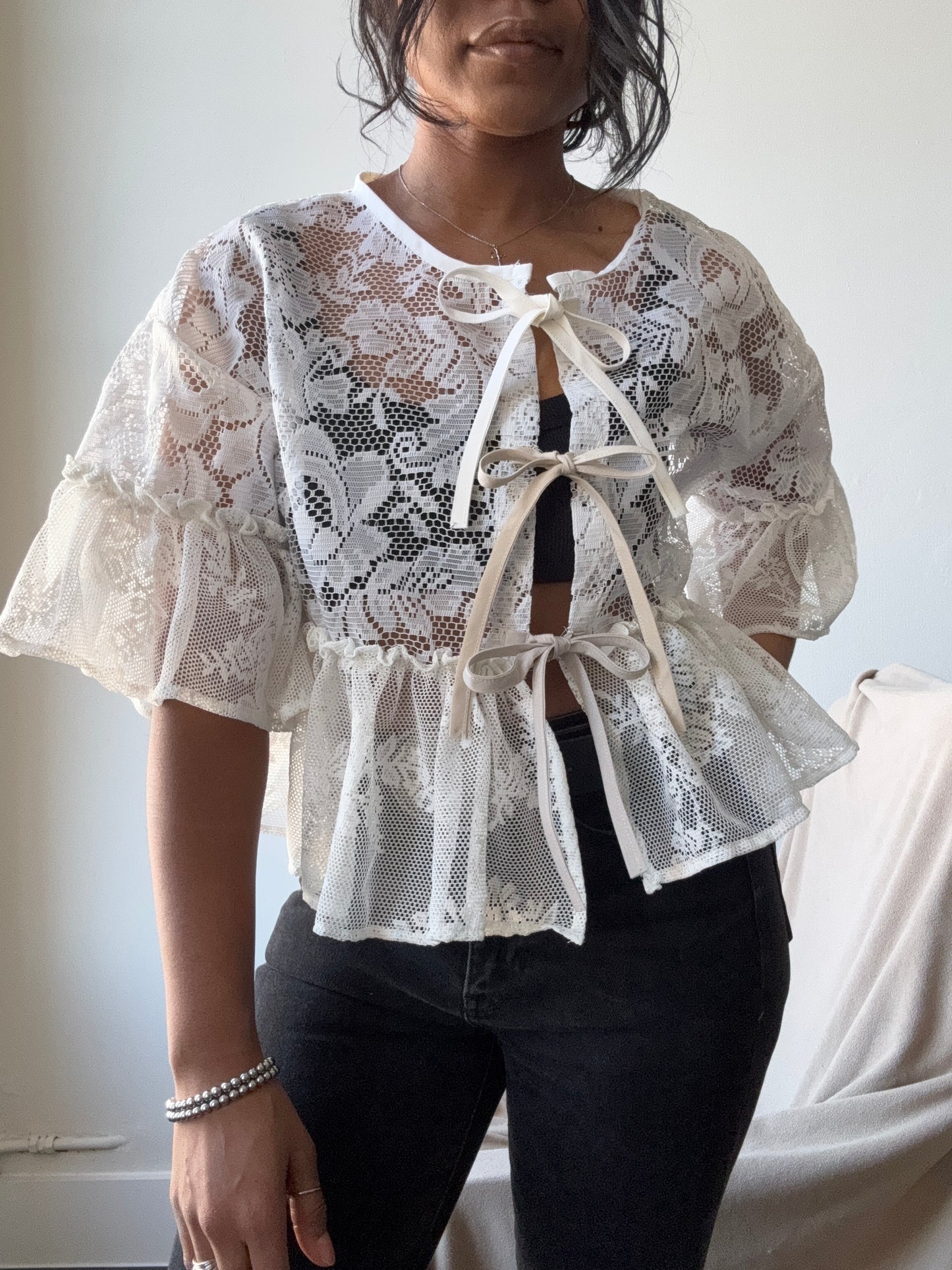 Eliza Vintage Lace Handcrafted Ruffle Top In Napoleon