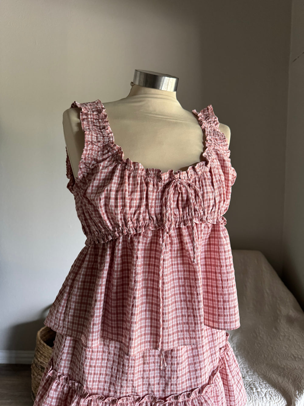 Fay Cotton Plaid Ruffle Top In Blush
