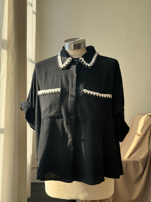 Elena Linen Crochet Top In Black￼