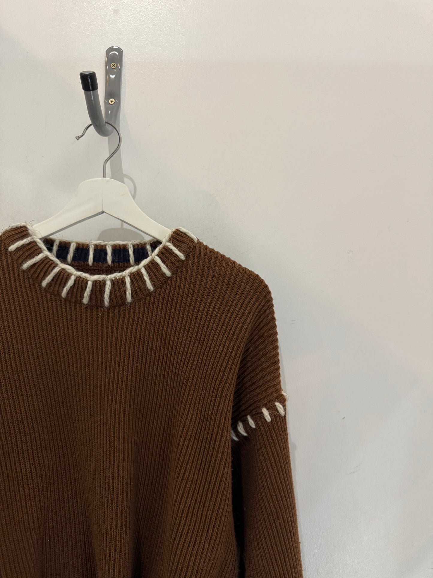 Sloppy Joe Handcrafted Cowboy Blanket Stitch Chunky Sweater In Brown