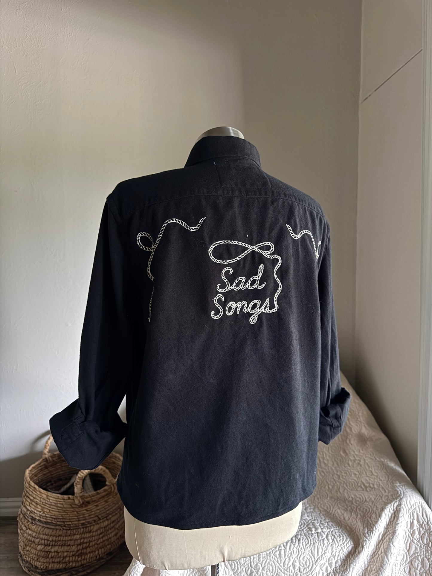 Lawrence Handcrafted Sad Songs Cropped Long Sleeve Button Down In Black