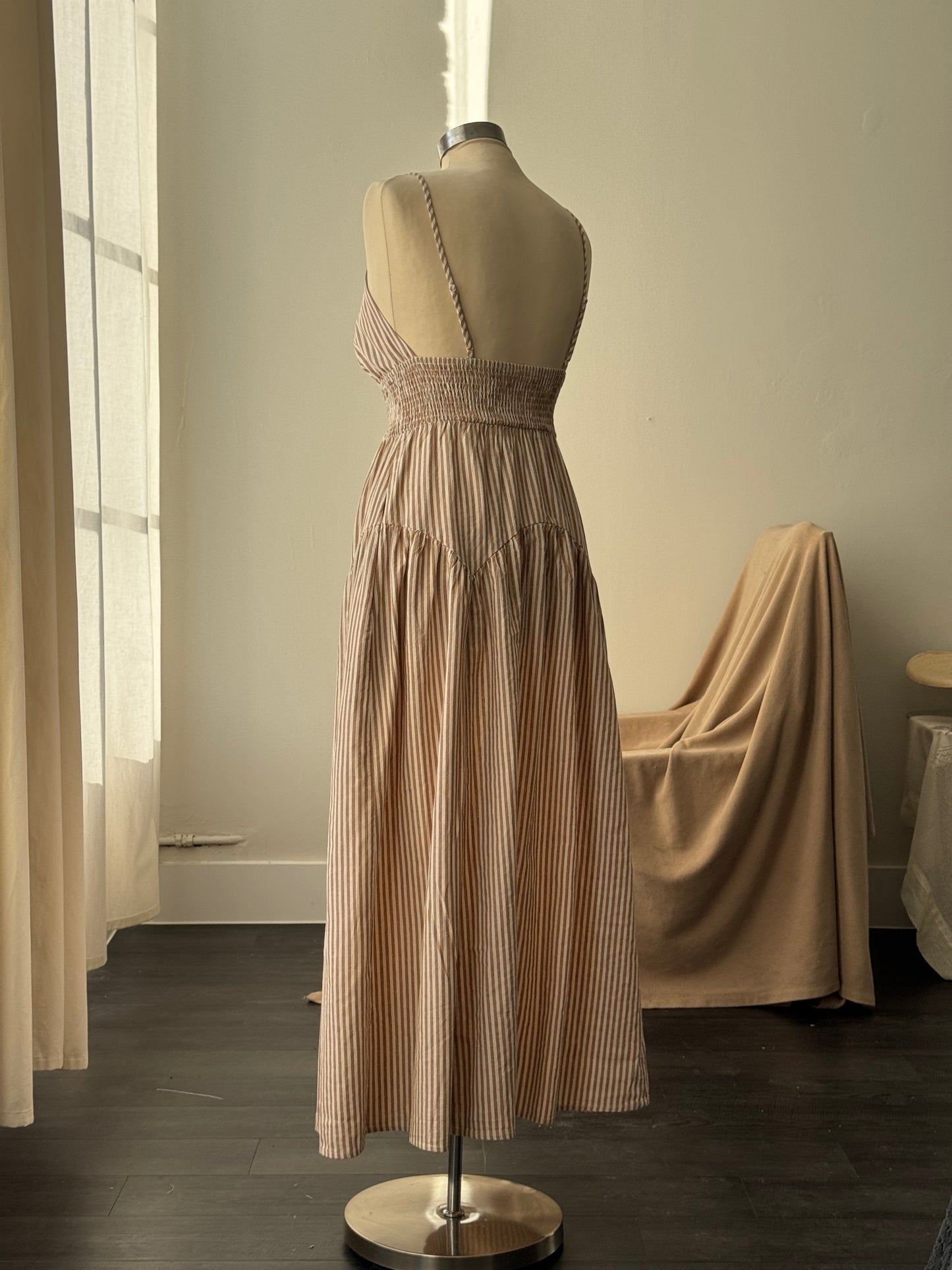 Cherie Cotton Striped Midi Dress In Mocha