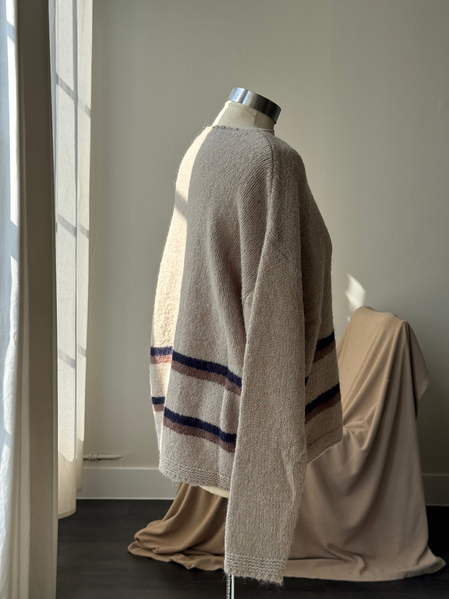 Nora V Neck Striped Pullover Sweater In Taupe￼￼