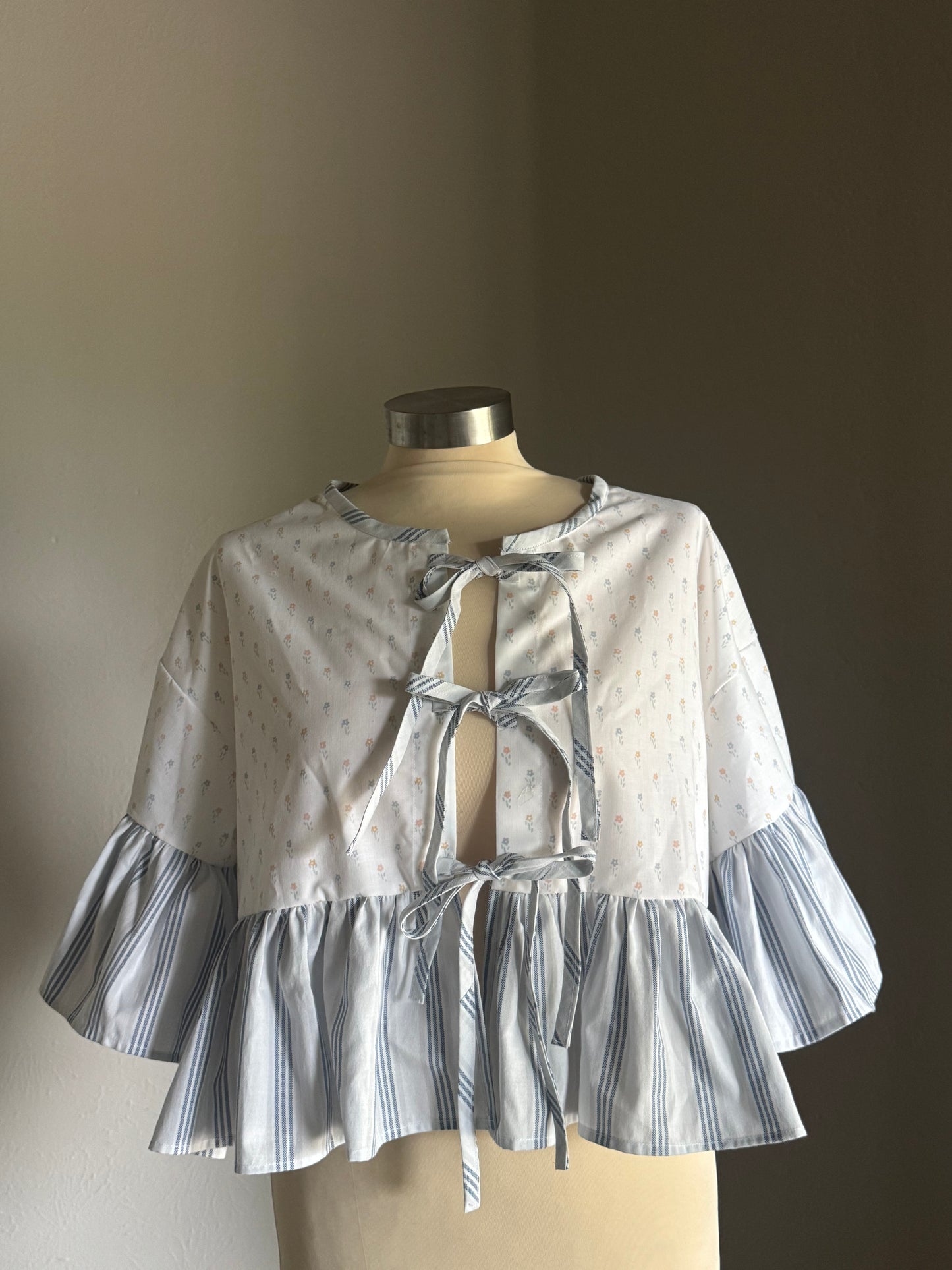 Joycie Vintage Handcrafted Striped Floral Ruffle Top
