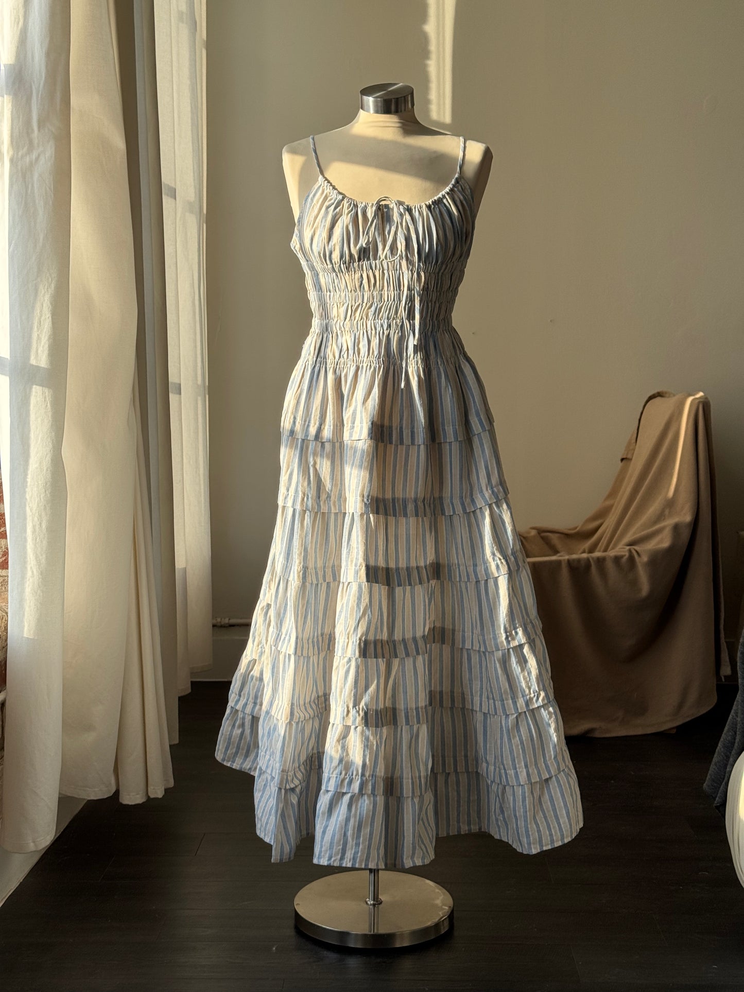 Laura Cotton Tiered Striped Midi Dress In Powder