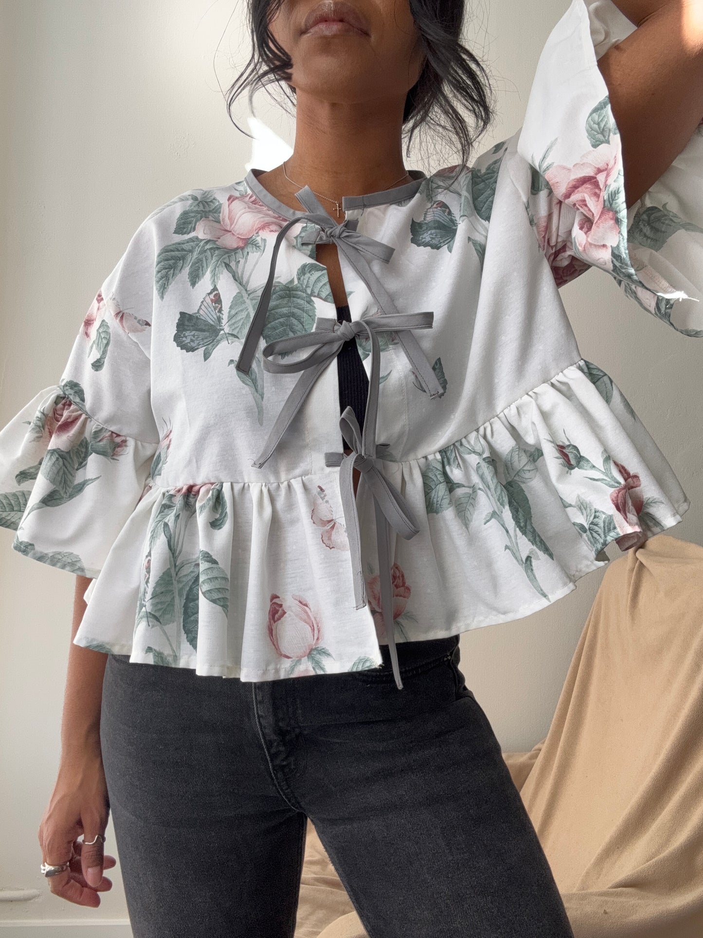 Joycie Vintage Cotton Handcrafted Ruffle Top In Rose Grey