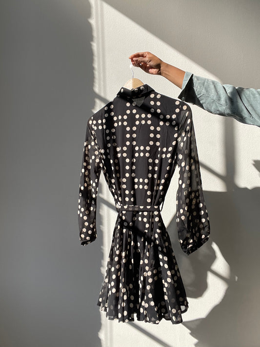 Miley Polkadot Belted Sheer Balloon Sleeve Button Down Dress In Midnight Navy