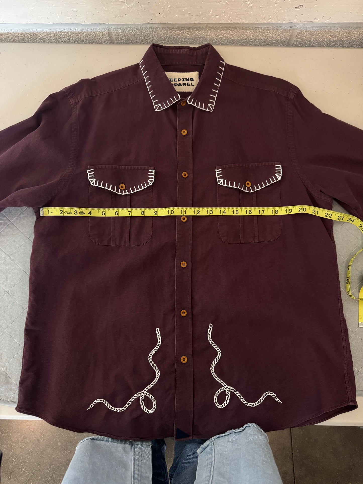 Michael Handcrafted Cowboy Blanket Stitch Embroidered Button Down In Red Brown